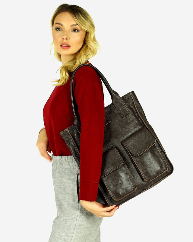 Torebka skórzany shopper bag z kieszeniami - MARCO MAZZINI Ravenna ciemny brąz caffe