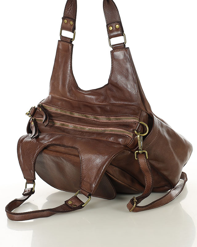 Włoska torebka skórzana z kieszenią z przodu retro bag handmade - MARCO MAZZINI czekoladowy brąz