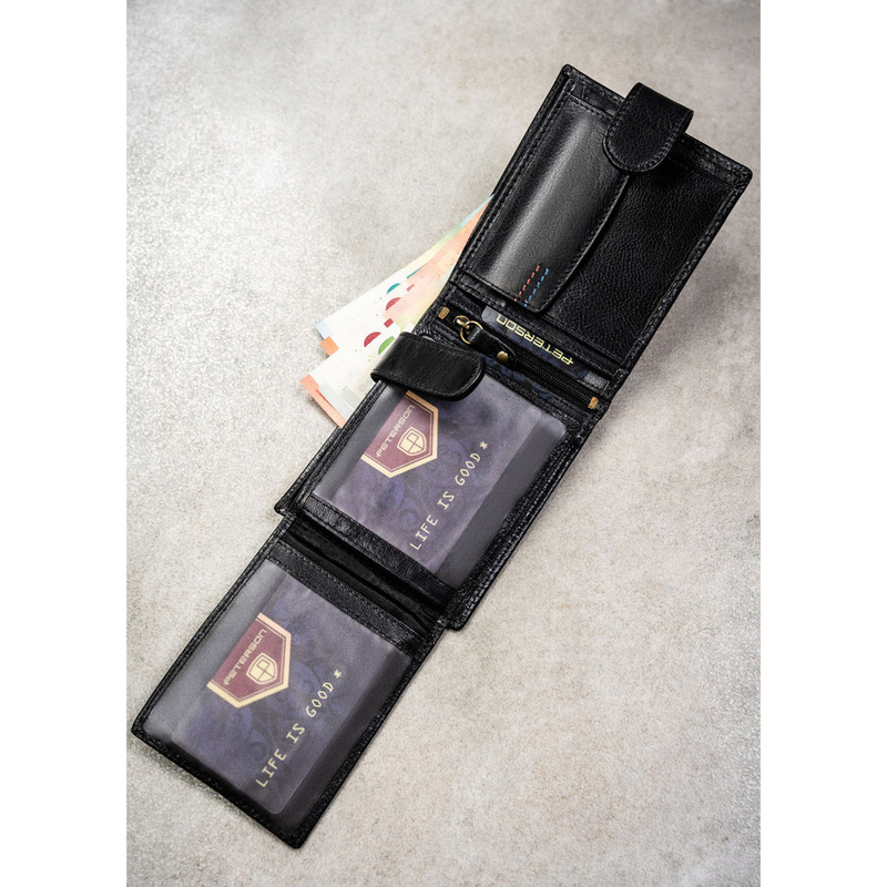 Poziomy portfel męski ze skóry naturalnej w czarnym kolorze w zestawie z brelokiem - Peterson