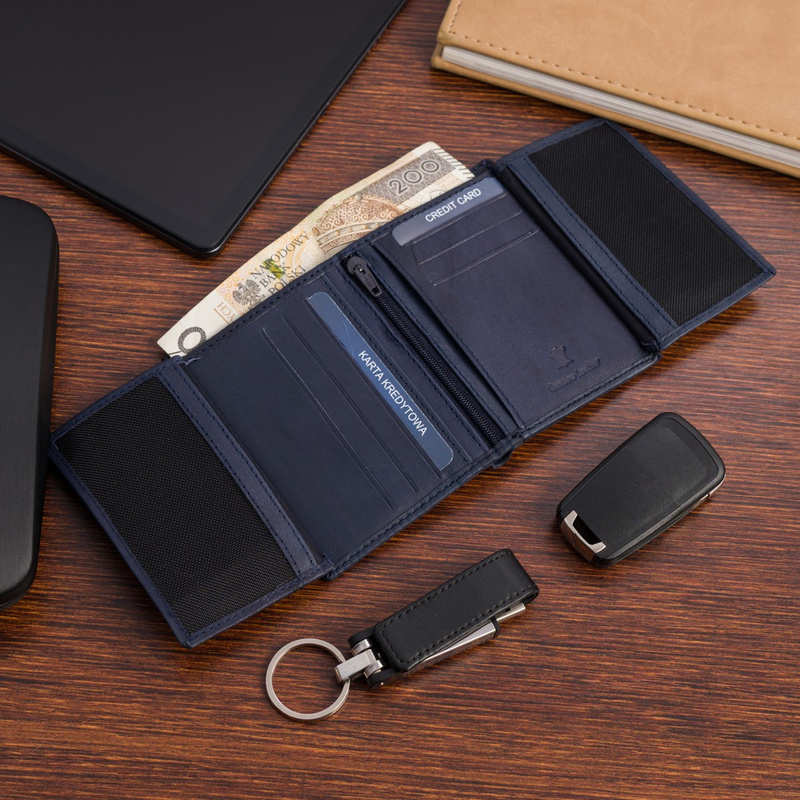 Portfel skórzany męski mały pionowy z flagą granatowy RFiD Beltimore D53