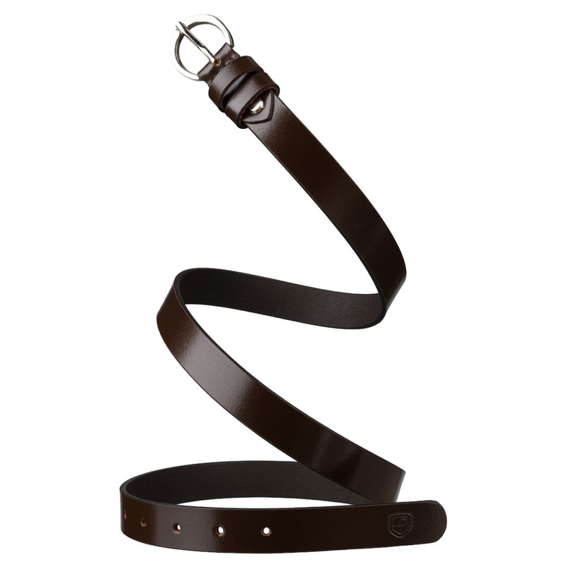 Skórzany pasek damski w brązowym kolorze ze srebrną, klasyczną klamrą - Peterson