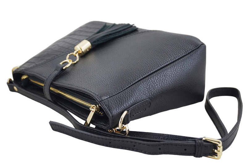 Torebka skórzana z ozdobnym frędzlem - Czarna