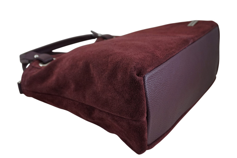 Duża elegancka torebka z naturalnej skóry i zamszu - Bordowa