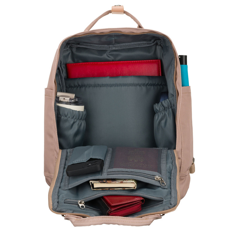 Beżowy, duży plecak damski wykonany z poliestru i skóry ekologicznej - Peterson