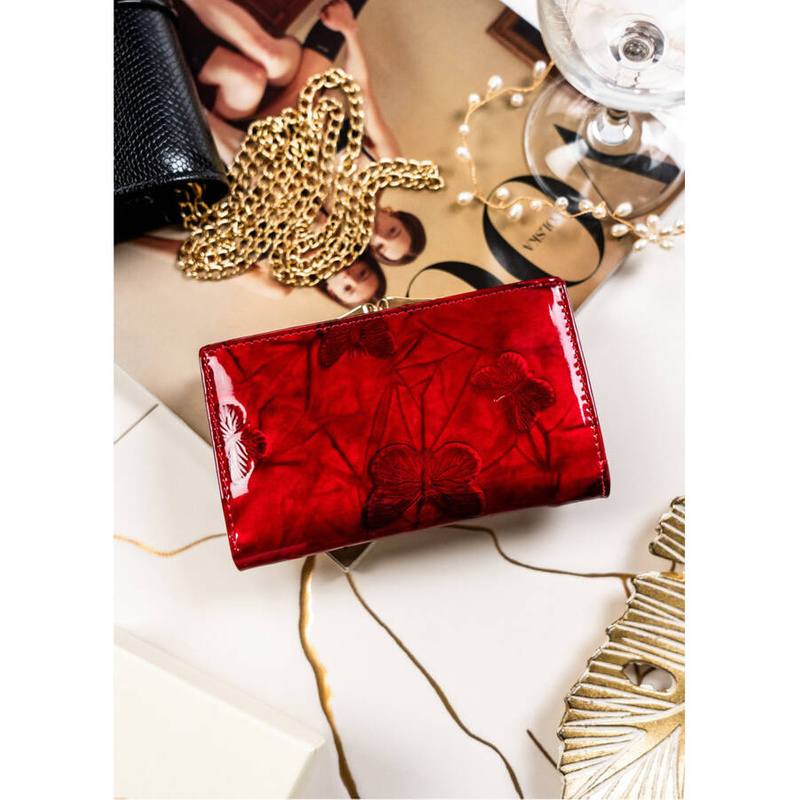 Elegancki skórzany portfel damski czerwony w motyle - Peterson