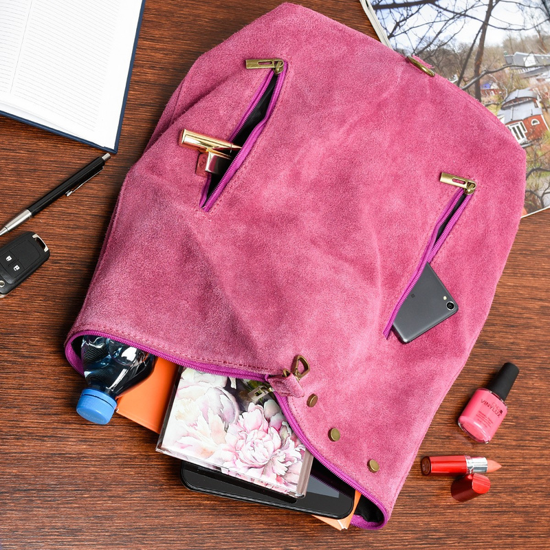 Włoski Stylowy Plecak Damski Skórzany Zamsz A4 purpurowy W14