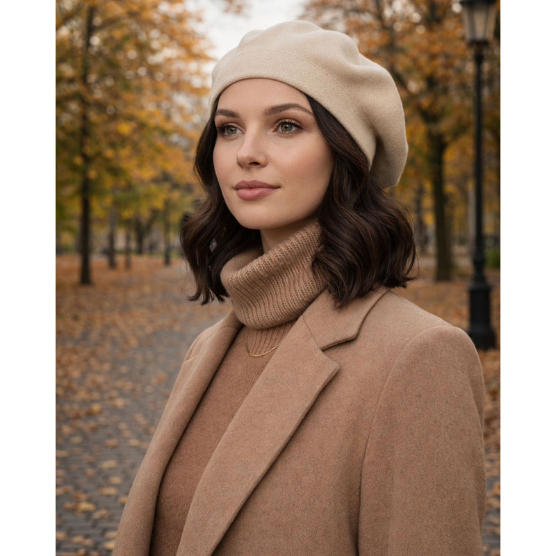 Uniwersalny beret damski wykonany z akrylu w jasnobeżowym kolorze - Peterson