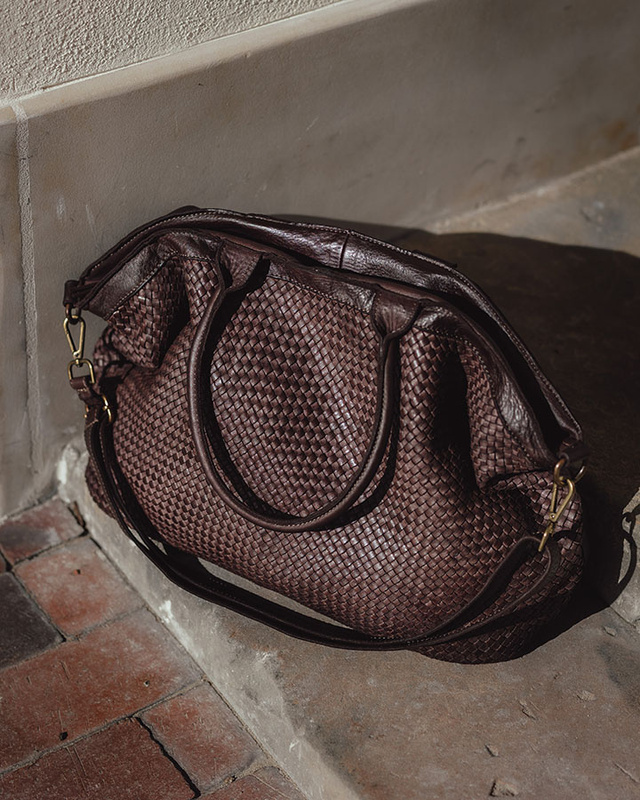 Duża torba shopper z plecionej skóry naturalnej - MARCO MAZZINI ciemnobrązowa caffe