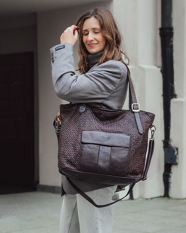 Duża torebka pleciona na ramię shopperka skórzana - MARCO MAZZINI ciemny brąz