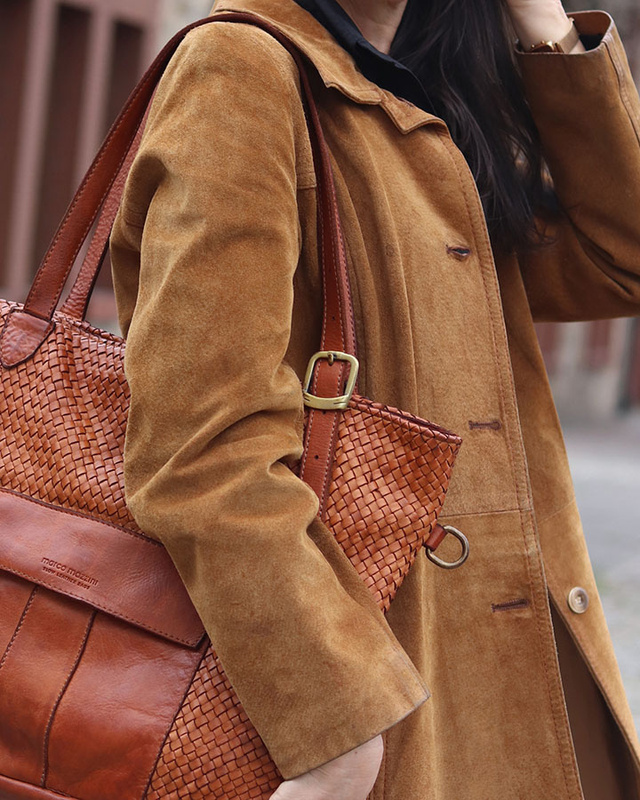 Duża torebka pleciona na ramię shopperka skórzana - MARCO MAZZINI brąz camel