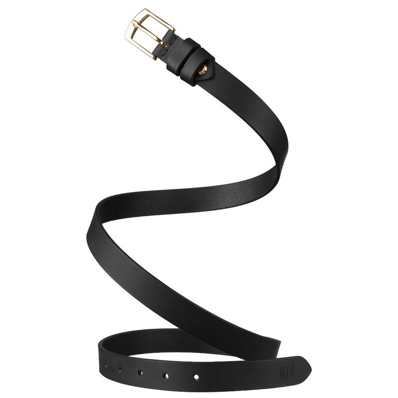Skórzany pasek damski w czarnym kolorze ze złotą, klasyczną klamrą - Peterson