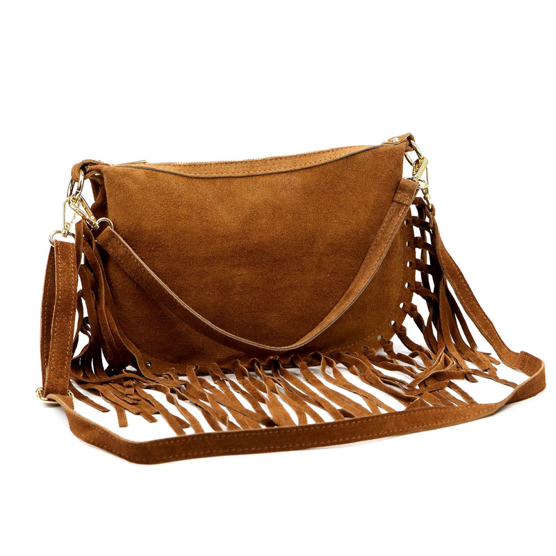 Luka Zamszowa damska listonoszka skórzana z frędzlami torebka na ramię