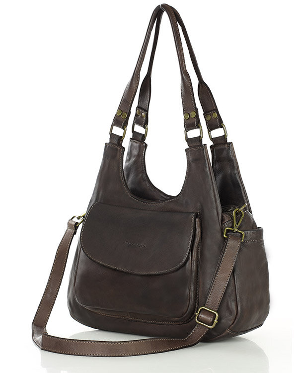 Włoska torebka skórzana z kieszenią z przodu retro bag handmade - MARCO MAZZINI ciemny brąz caffe