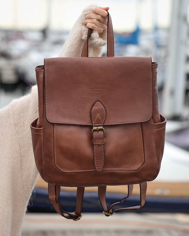 Plecak skórzany handmade z kieszeniami  - MARCO MAZZINI czekoladowy brąz