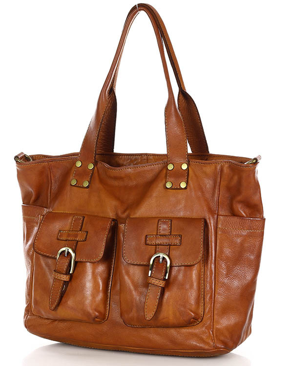 Torba skórzana shopper XL na ramię z dwoma kieszeniami MARCO MAZZINI brąz camel
