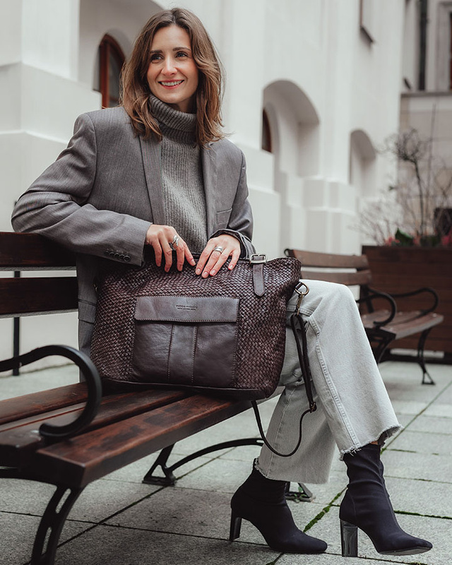 Duża torebka pleciona na ramię shopperka skórzana - MARCO MAZZINI ciemny brąz