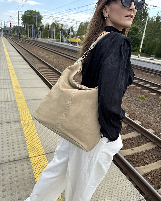 Torebka skórzana ponadczasowy design worek na ramię XL hobo leather bag - MARCO MAZZINI nubuk beżowa