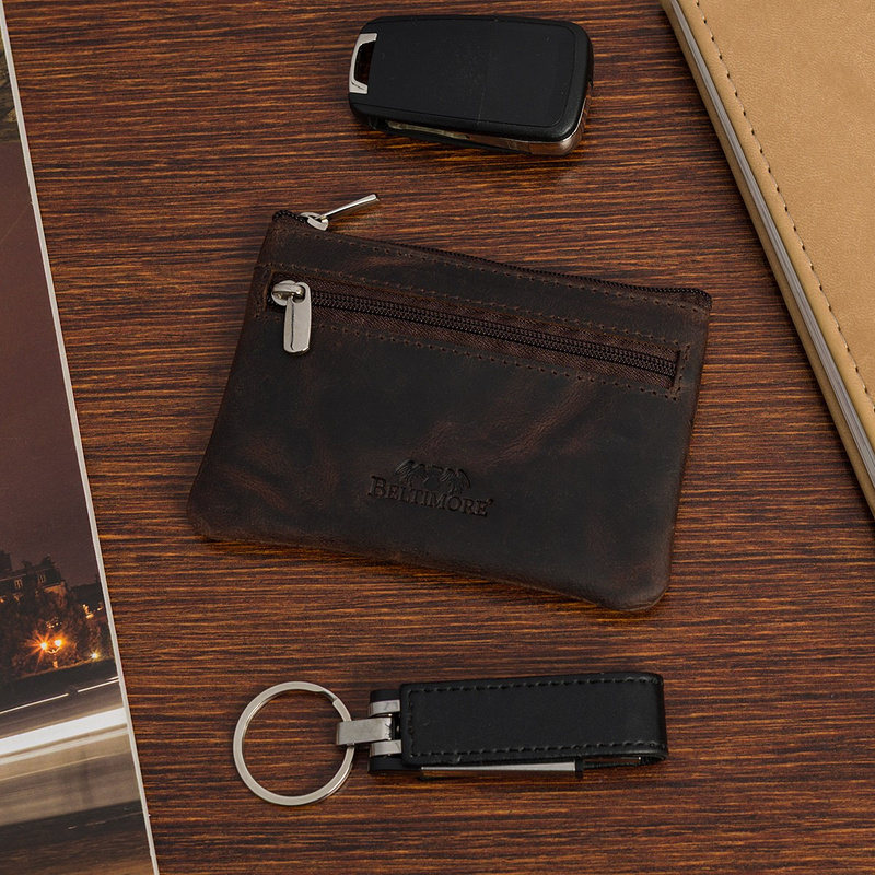 Skórzane etui na klucze duże kluczówka skóra nubuk z łańcuszkiem brązowe Beltimore P92