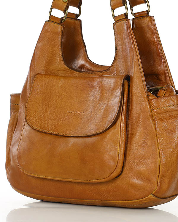 Włoska torebka skórzana z kieszenią z przodu retro bag handmade - MARCO MAZZINI brąz camel