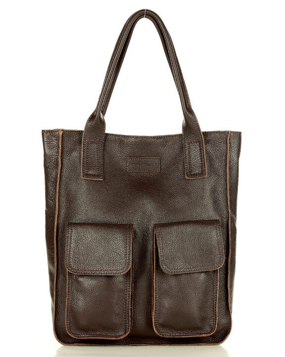 Torebka skórzany shopper bag z kieszeniami - MARCO MAZZINI Ravenna ciemny brąz caffe