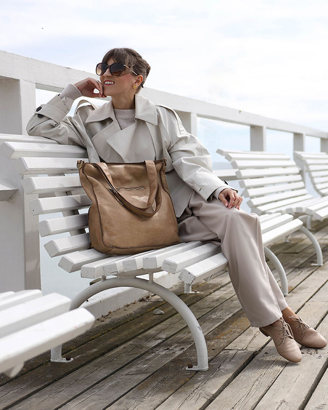 Torebka damska shopper A4 skóra naturalna - MARCO MAZZINI beżowy taupe