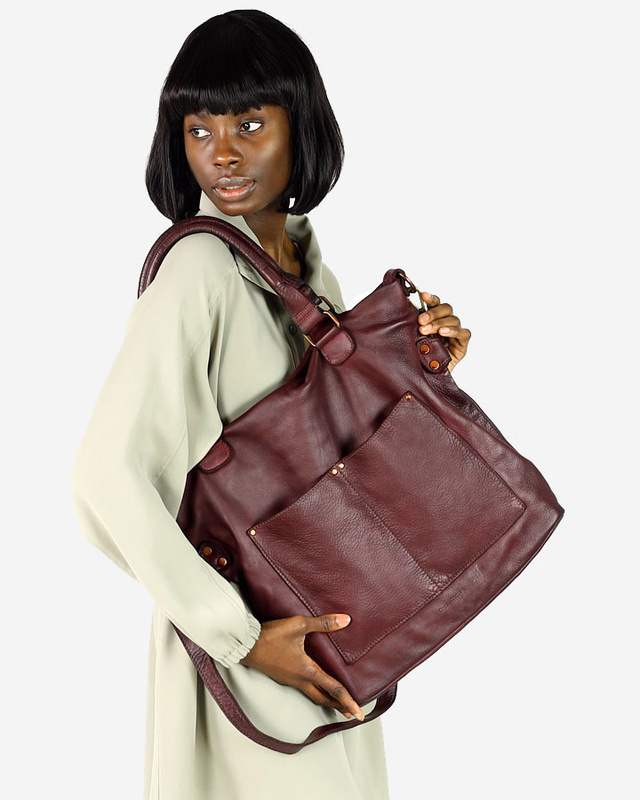 Torebka skórzana XL shopper vintage bag z kieszeniami vera pelle - MARCO MAZZINI burgund