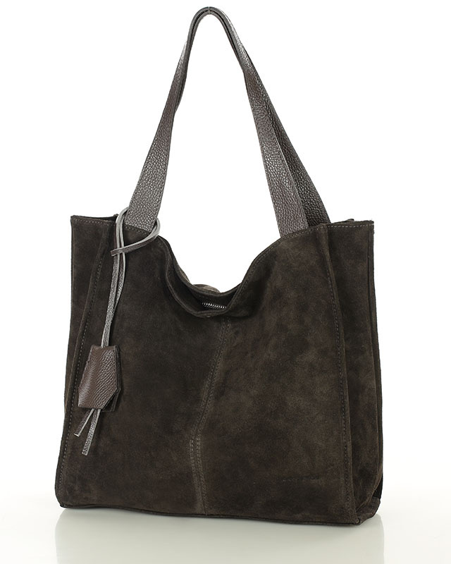 Ciemnobrązowa torba zamszowa ze skóry typu shopper - MARCO MAZZINI