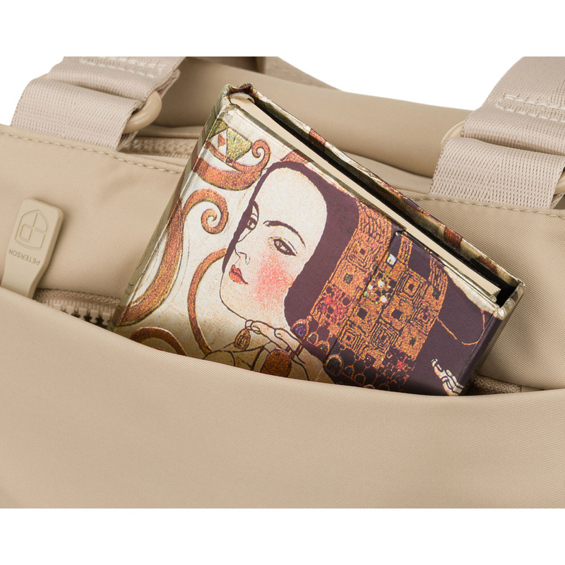 Beżowa, praktyczna listonoszka damska z poliestru zawieszona na uchwytach i doczepianym pasku - Peterson