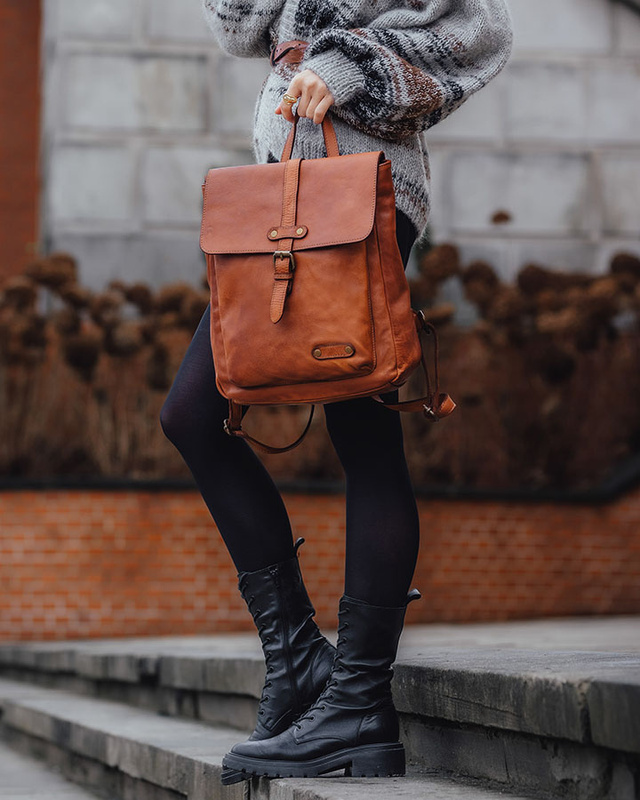 MARCO MAZZINI Miejski plecak skórzany w stylu old look handmade leather brąz camel