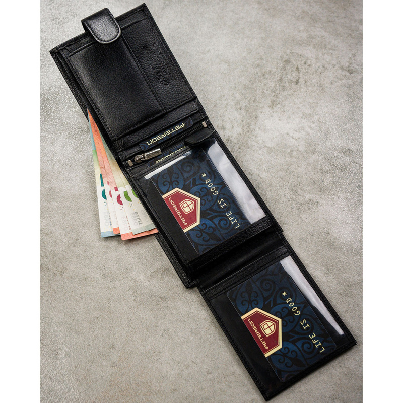 Zestaw prezentowy: skórzany, poziomy portfel męski w czarnym kolorze z systemem RFID i pasek ze skóry ekologicznej - Peterson