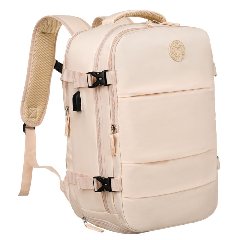Plecak podróżny z portem USB wykonany z poliestru w beżowym kolorze - Peterson
