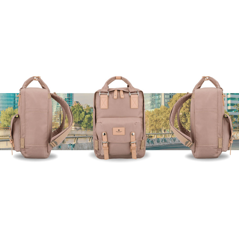 Beżowy, duży plecak damski wykonany z poliestru i skóry ekologicznej - Peterson