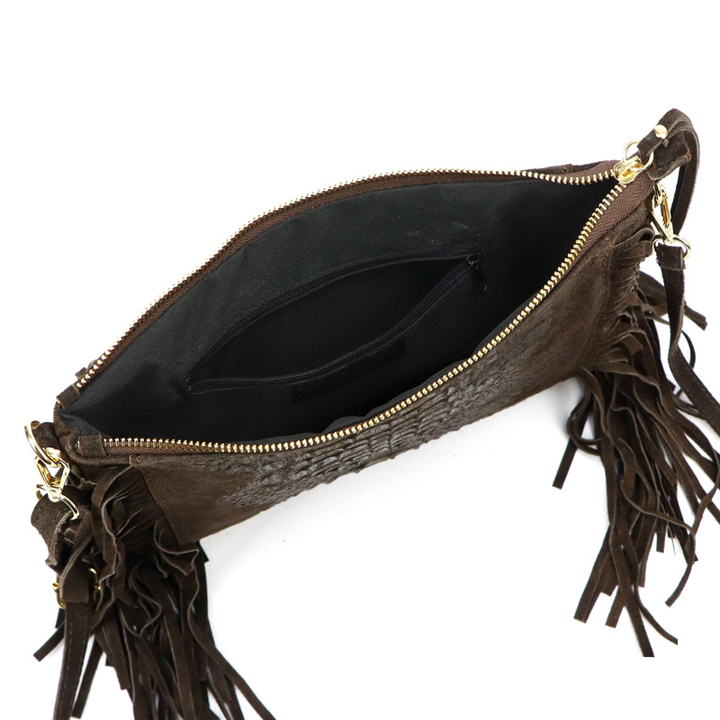 Vera Pelle skórzana damska listonoszka torebka przez ramię z frędzlami