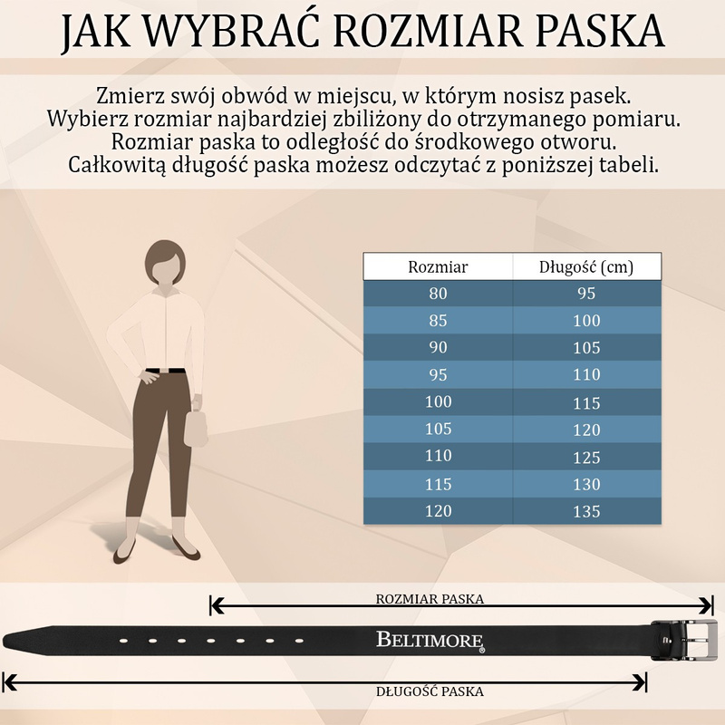 Beltimore skórzany damski pasek antyalergiczny do spodni 3 cm czarny bezniklowy U42 : Kolory - czarny, Rozmiar pasków - r.115-130 cm