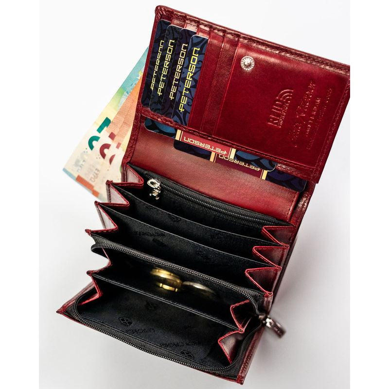 Elegancki i kompaktowy portfel damski w czerwonym kolorze wykonany ze skóry naturalnej - Peterson