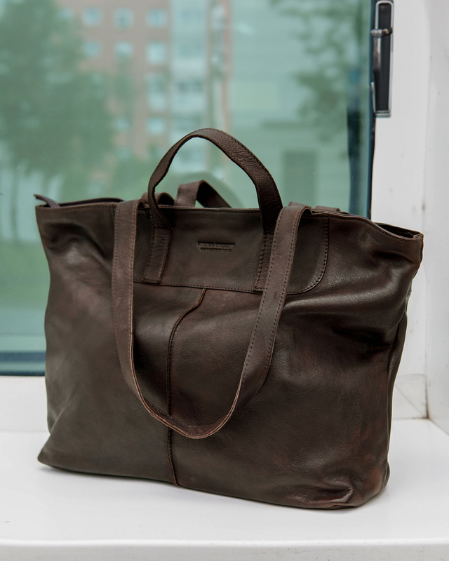 Duża torba shopper skórzana podwójne rączki - MARCO MAZZINI ciemny brąz