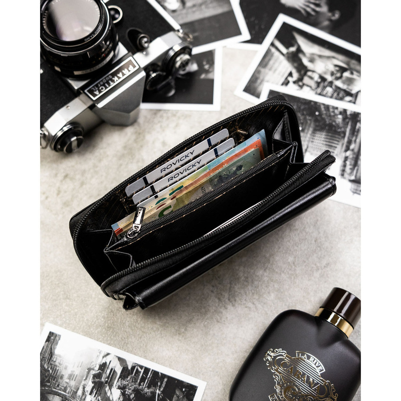 Skórzana, dwukomorowa, czarna saszetka męska z systemem RFID - Rovicky