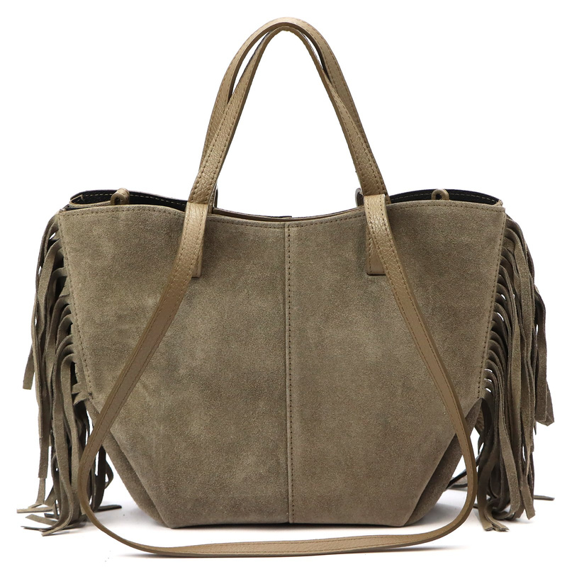 Vera Pelle damska shopperbag zamszowa torebka na ramię z frędzlami