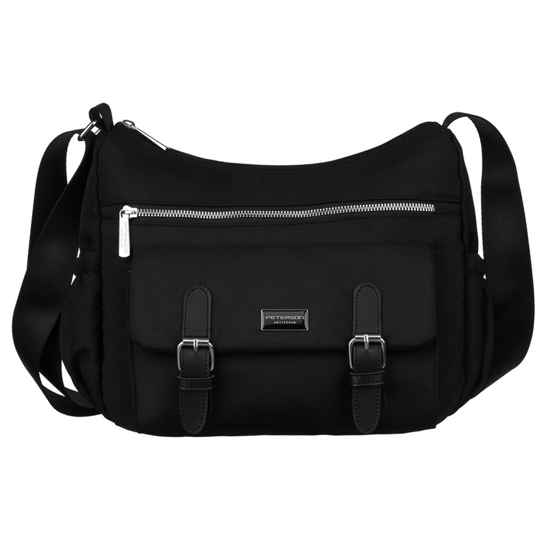 Stylowa, materiałowa torebka damska z zewnętrzną kieszenią - Peterson