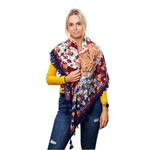 Granatowa chusta damska modna kwiatowa frędzle duża folk DA-35