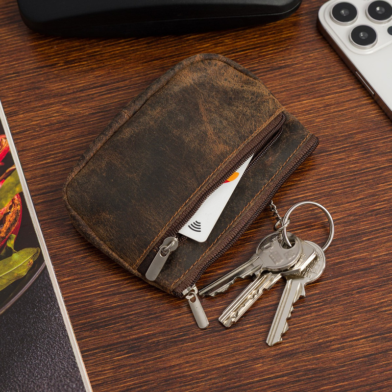 Skórzane etui na klucze dokumenty, pokrowiec kluczówka brązowe vintage P93