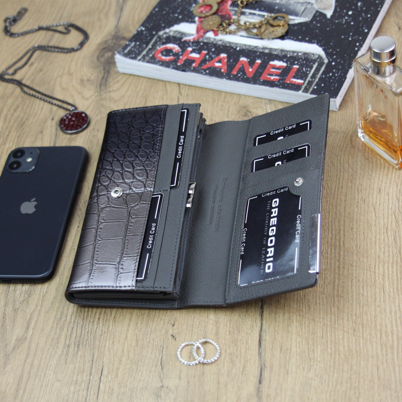 Gregorio damski portfel lakierowany skórzany wzór skóra krokodyla pojemny