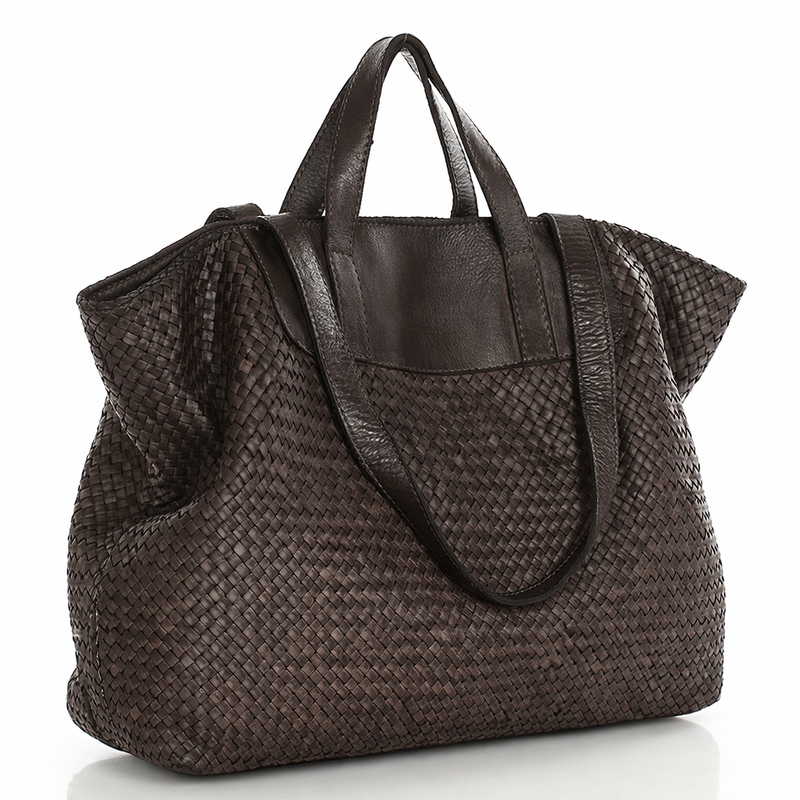 Torba damska pleciona shopper & shoulder leather bag - MAZZINI brąz caffe