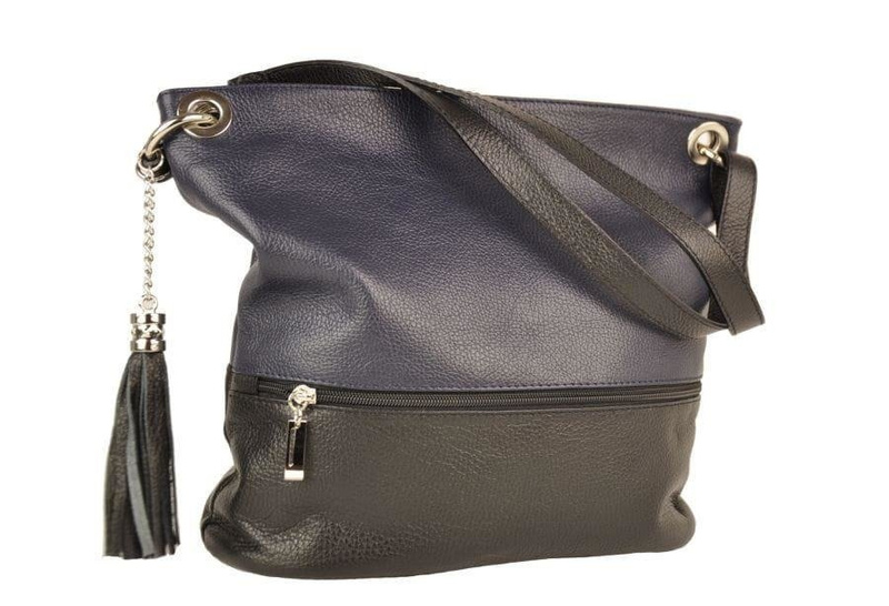 Skórzana torebka worek - Granatowo-czarna