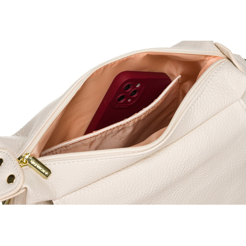 Pojemna, beżowa torebka damska na ramię z kieszeniami - Rovicky