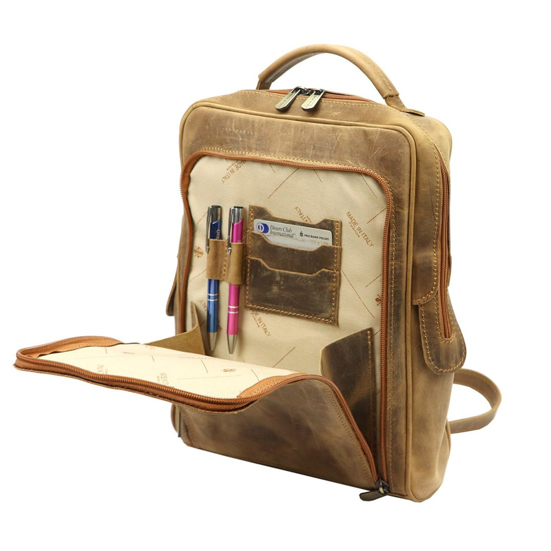 Duży Miejski pojemny plecak z prawdziwej skóry z kieszeniami Florence