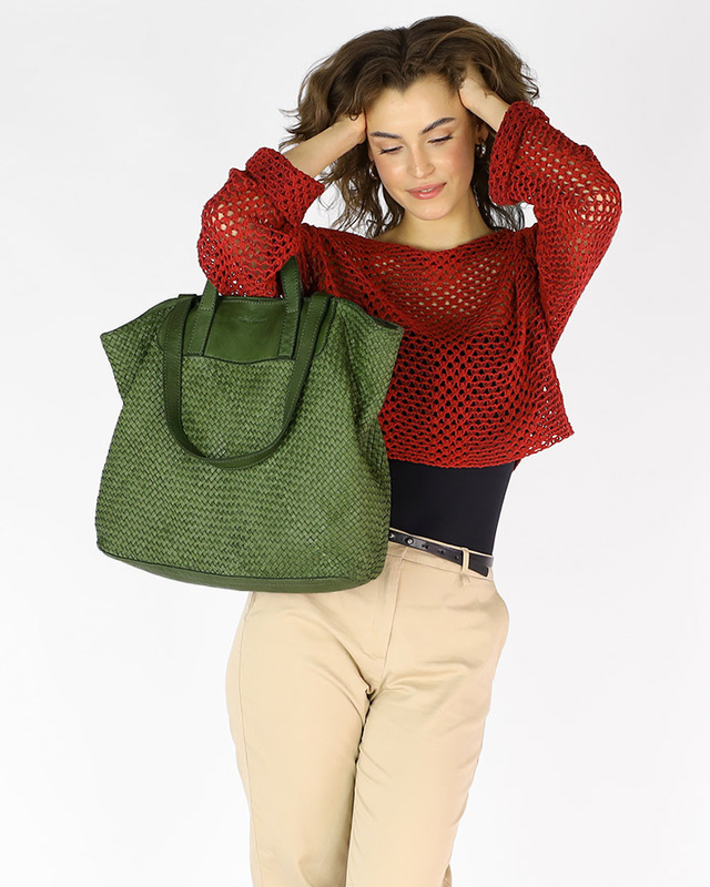 Torba damska pleciona shopper & shoulder leather bag - MARCO MAZZINI zielony militare