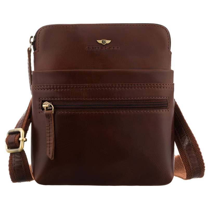 Mała, skórzana listonoszka męska w brązowym kolorze zamykana suwakiem - Peterson