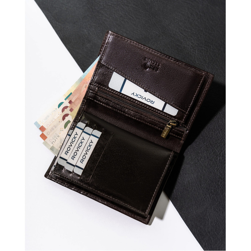 Rovicky męski składany portfel skóra naturalna rozbudowany pionowy RFID