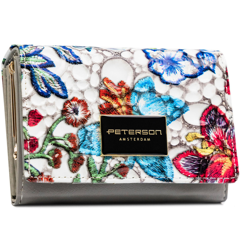 Wielokolorowy portfel damski ze skóry naturalnej zamykany zatrzaskiem i biglem - Peterson